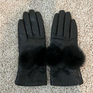 Women's Black Leather Pom Pom Rabbit Fur Gloves Size Medium